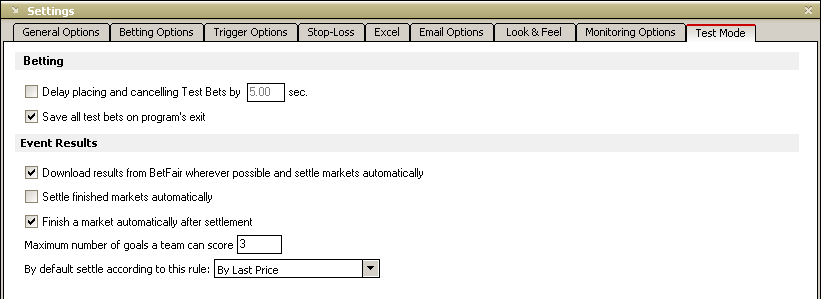 Options for betting in Test Mode