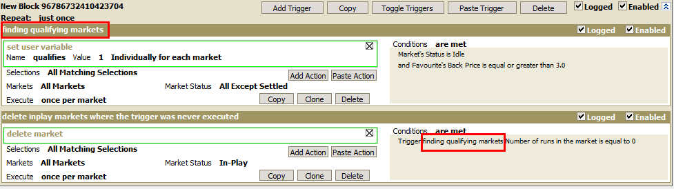Delete markets in which the trigger has not been executed