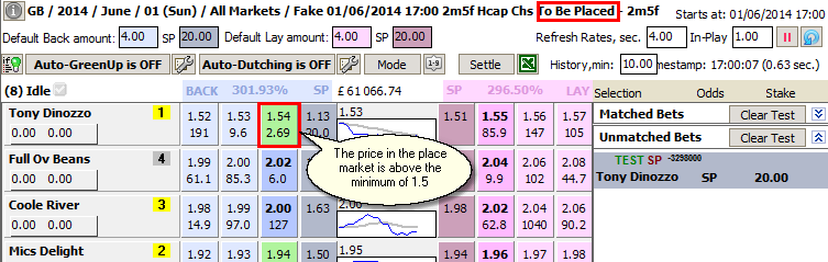 The price of the horse in the place market is above the set minimum, so we're backing on it at SP